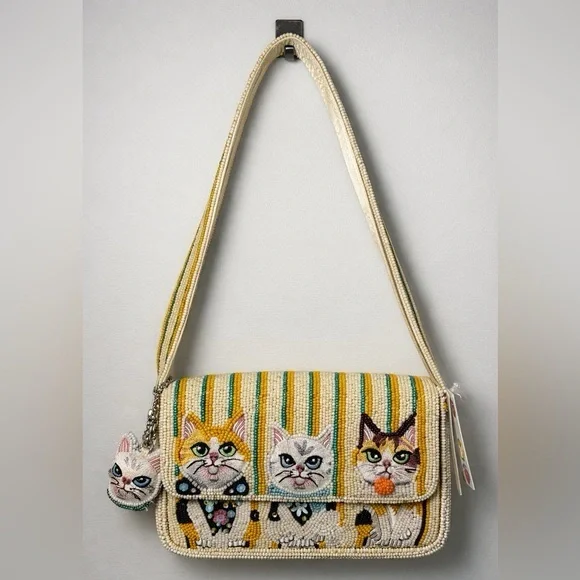 TJMAXX MARSHALLS VIRAL Cat Theme Striped Charm Beaded Shoulder Bag Purse Collect - Picture 9 of 16